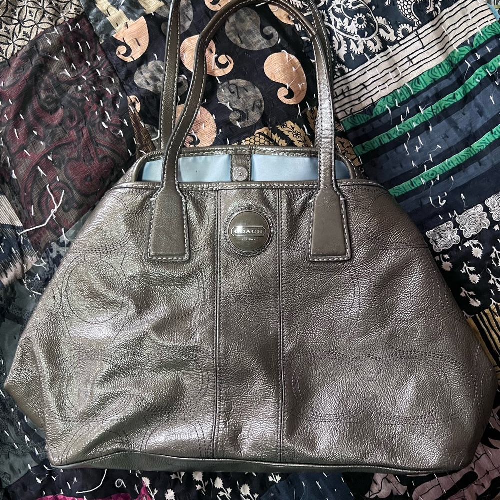 Coach Metallic Green Leather Satchel with Light Blue lining
